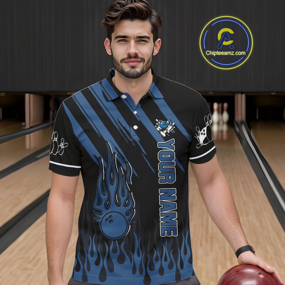 Black and Blue Flame Retro Bowling Polo, Quarter Zip Shirt for Men Custom Vintage Team Bowling Jersey NQS10504