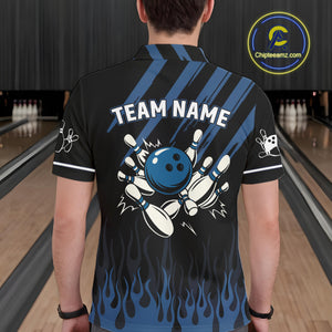 Black and Blue Flame Retro Bowling Polo, Quarter Zip Shirt for Men Custom Vintage Team Bowling Jersey NQS10504