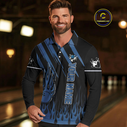 Black and Blue Flame Retro Bowling Polo, Quarter Zip Shirt for Men Custom Vintage Team Bowling Jersey NQS10504