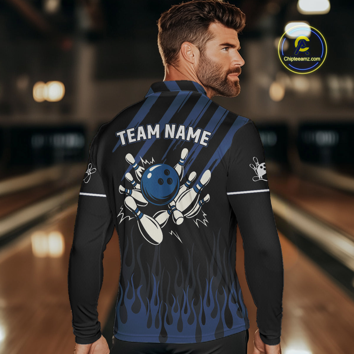 Black and Blue Flame Retro Bowling Polo, Quarter Zip Shirt for Men Custom Vintage Team Bowling Jersey NQS10504