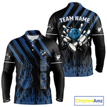 Load image into Gallery viewer, Black and Blue Flame Retro Bowling Polo, Quarter Zip Shirt for Men Custom Vintage Team Bowling Jersey NQS10504