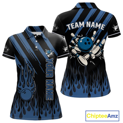 Black & Blue Flame Retro Bowling Polo, Quarter Zip Shirt for Women Custom Vintage Team Bowling Jersey NQS10504