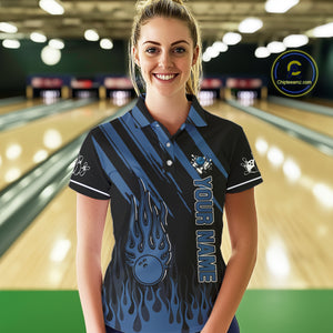 Black & Blue Flame Retro Bowling Polo, Quarter Zip Shirt for Women Custom Vintage Team Bowling Jersey NQS10504