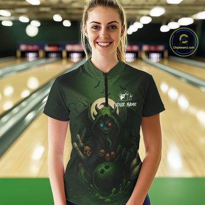 Personalized Green Reaper Skull Halloween Bowling Shirt For Women Custom Skull Bowling Team jersey NQS10311