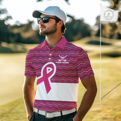 Pink ribbon Mens polo golf shirts Custom Breast cancer awareness team golf attire for men NQS10509