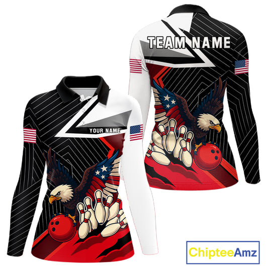 Black and Red American Flag Eagle Bowling Shirts for Women Custom patriotic Team Bowling Jersey NQS10517