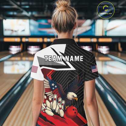 Black and Red American Flag Eagle Bowling Shirts for Women Custom patriotic Team Bowling Jersey NQS10517
