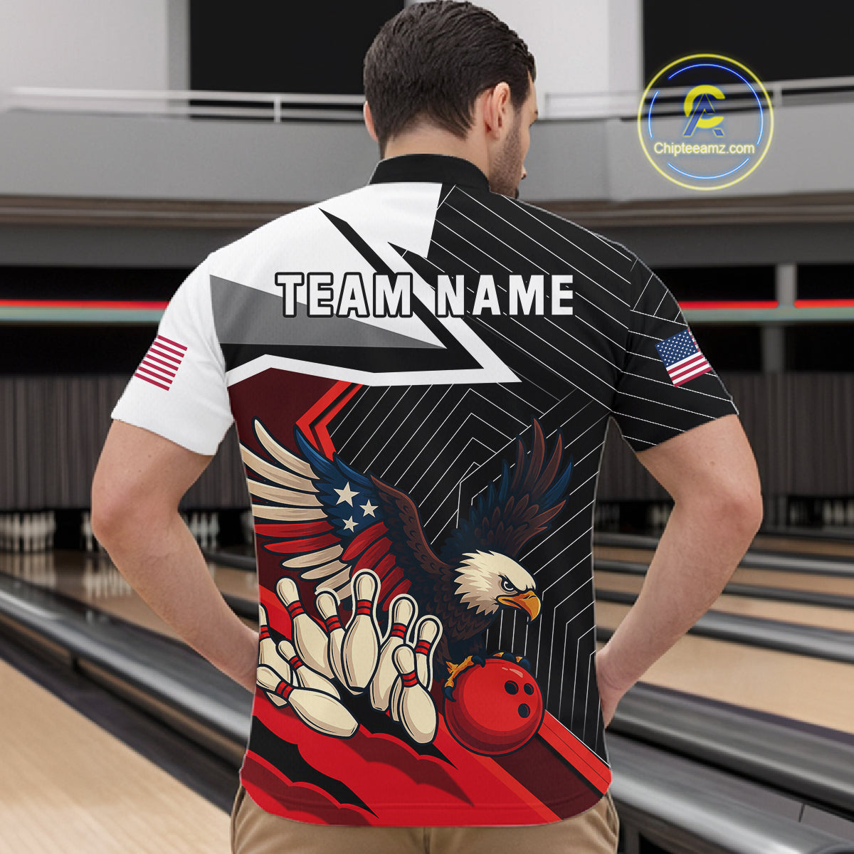 Black and Red American Flag Eagle Bowling Shirts for Men Custom patriotic Team Bowling League Jersey NQS10517