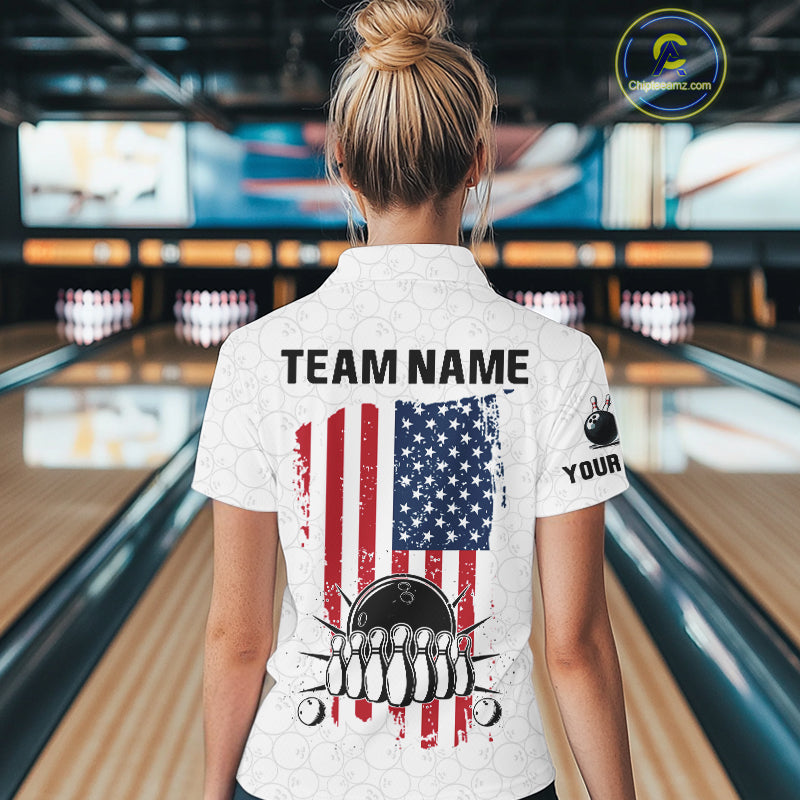 Personalized American Flag White Bowling Shirts For Women Custom patriotic Team Bowling jerseys NQS10184