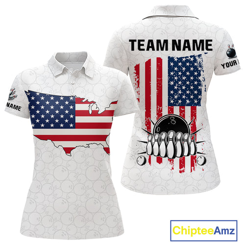 Personalized American Flag White Bowling Shirts For Women Custom patriotic Team Bowling jerseys NQS10184