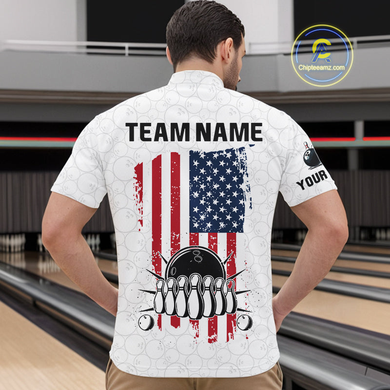 Personalized American Flag White Bowling Shirts For Men Custom patriotic Team Bowling jerseys NQS10184