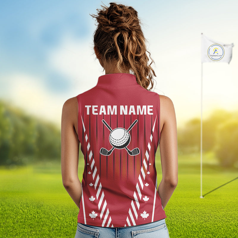 Red and White maple leaf Canadian Women sleeveless polo shirt Custom Patriotic Golf attire For ladies NQS10185