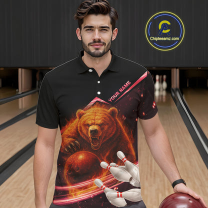 Custom Flame Bear Bowling Team Polo, Quarter zip Shirts For Men, Team Bowling Uniform NQS10321
