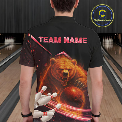 Custom Flame Bear Bowling Team Polo, Quarter zip Shirts For Men, Team Bowling Uniform NQS10321