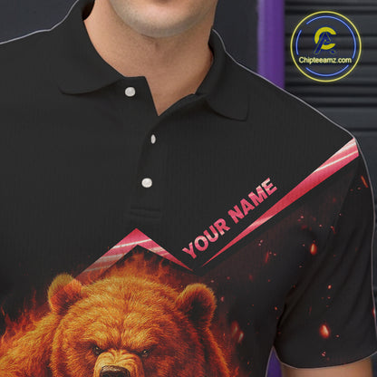 Custom Flame Bear Bowling Team Polo, Quarter zip Shirts For Men, Team Bowling Uniform NQS10321
