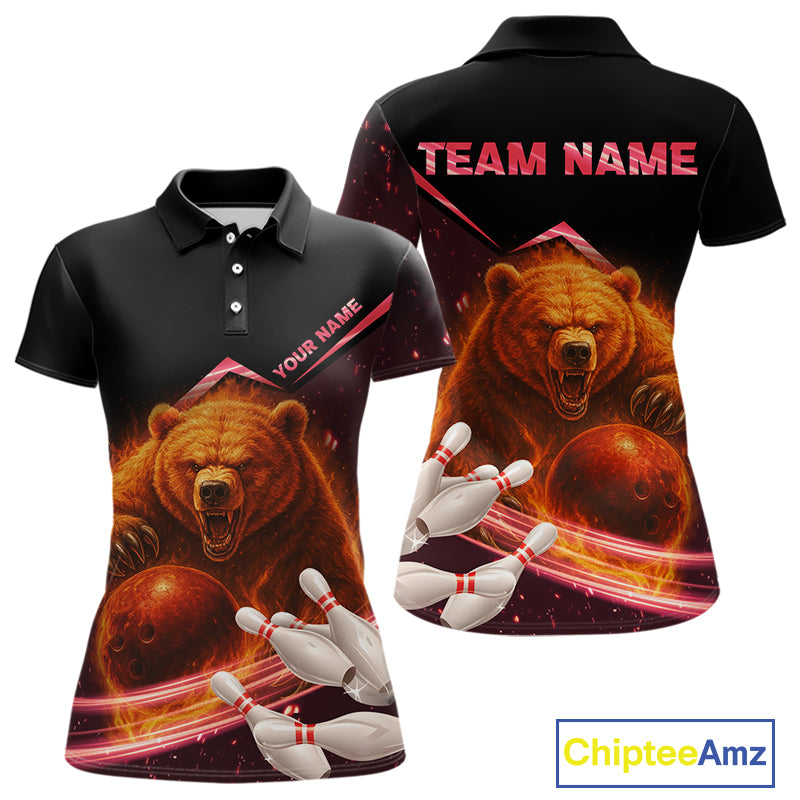 Custom Flame Bear Bowling Team Polo, Quarter zip Shirts For Women, Team Bowling Uniform NQS10321