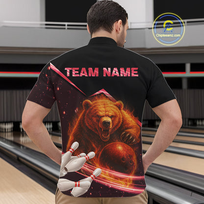 Custom Flame Bear Bowling Team Polo, Quarter zip Shirts For Men, Team Bowling Uniform NQS10321