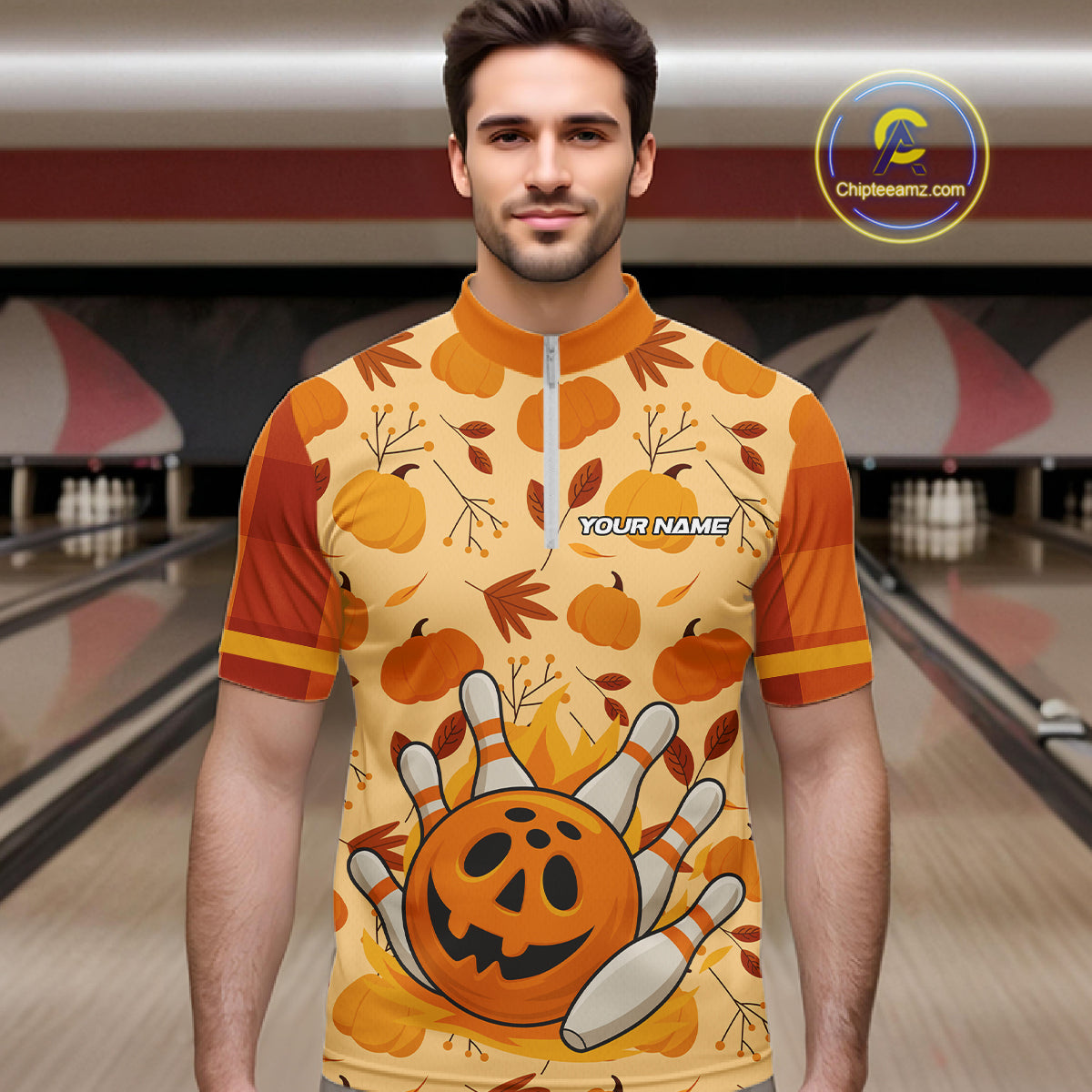 Funny Pumpkin Bowling Ball and pins Bowling Shirts for Men custom Halloween bowling team jerseys NQS10531