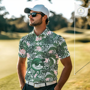 Green tropical leaf pattern pink flower funny Golf polo shirts For Men Custom mens golf outfits NQS10023