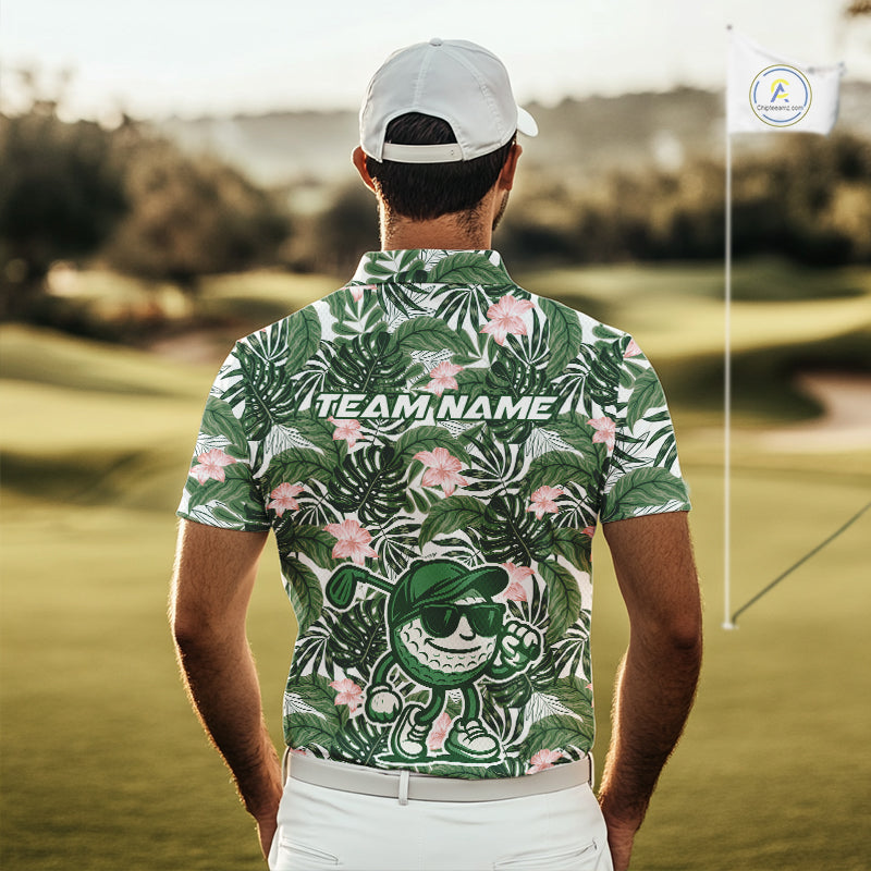 Green tropical leaf pattern pink flower funny Golf polo shirts For Men Custom mens golf outfits NQS10023