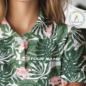 Green tropical leaf pattern pink flower funny Golf polo shirts for Women Custom ladies golf outfits NQS10023