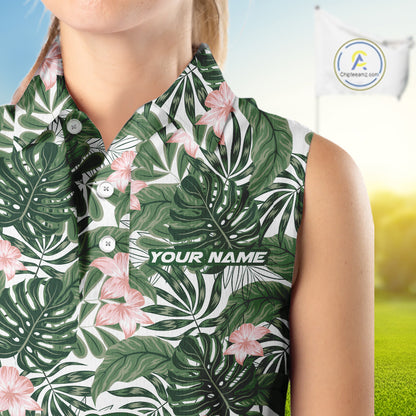Green tropical leaf pattern pink flower funny Sleeveless Golf polo shirts Custom ladies golf outfits NQS10023