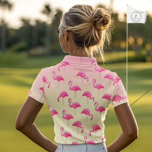 Personalized pink gradient Flamingo pattern Women golf polo shirt Custom golf team theme outfits NQS10324