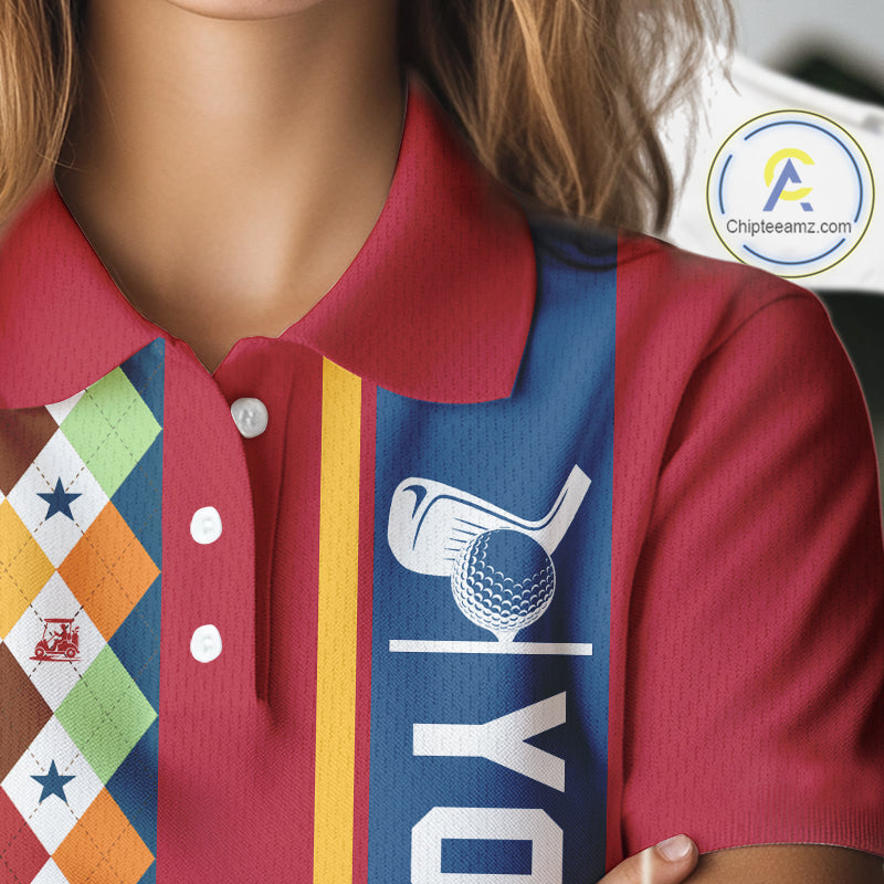 Retro colorful argyle pattern Women golf polo shirt custom Team Golf Outfits for ladies | Red NQS10327