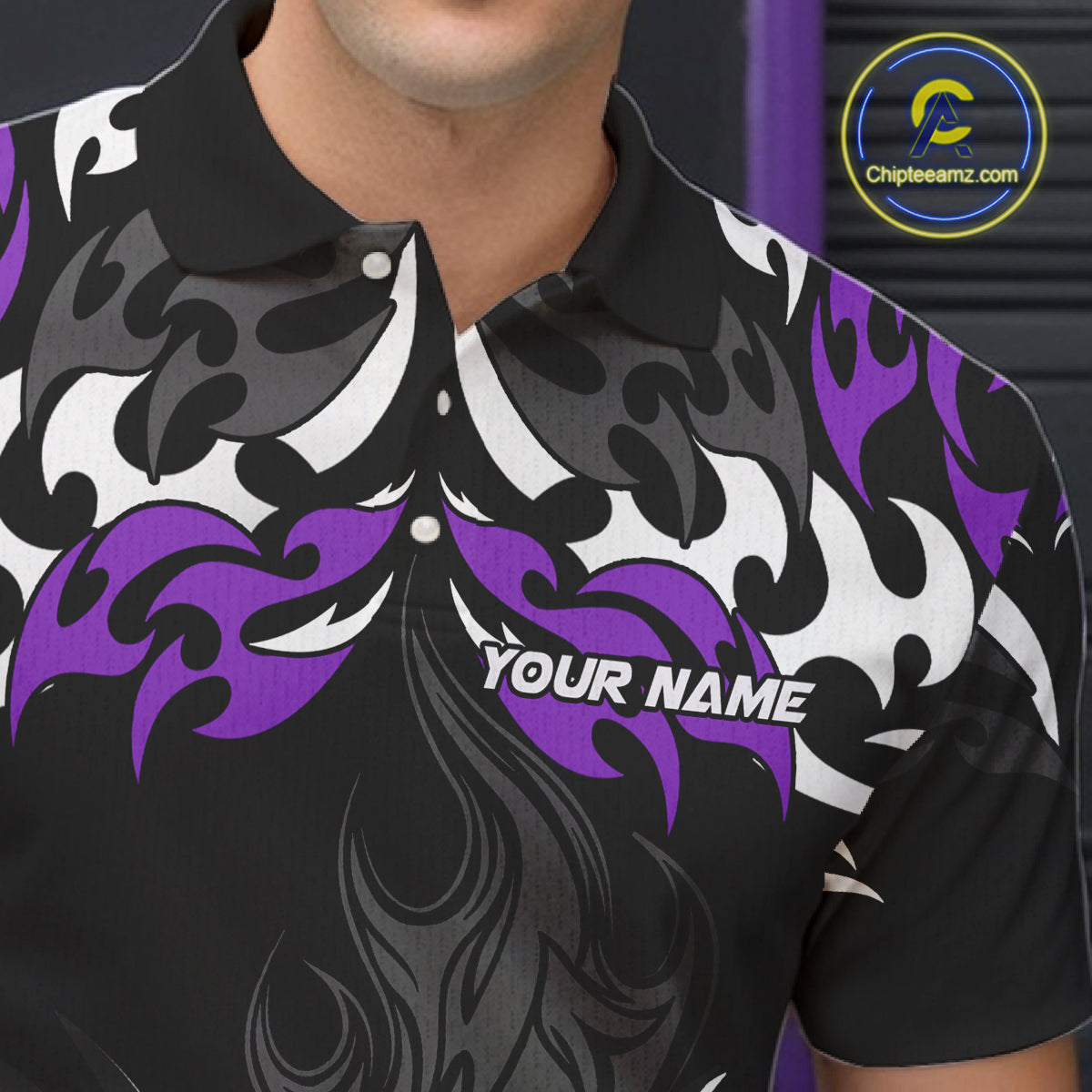 Black and Purple Flame Bowling Polo, Quarter Zip shirt for men Custom Team bowling jersey bowler gift NQS10535