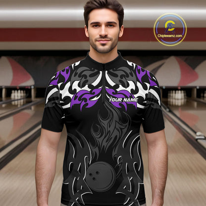 Black and Purple Flame Bowling Polo, Quarter Zip shirt for men Custom Team bowling jersey bowler gift NQS10535