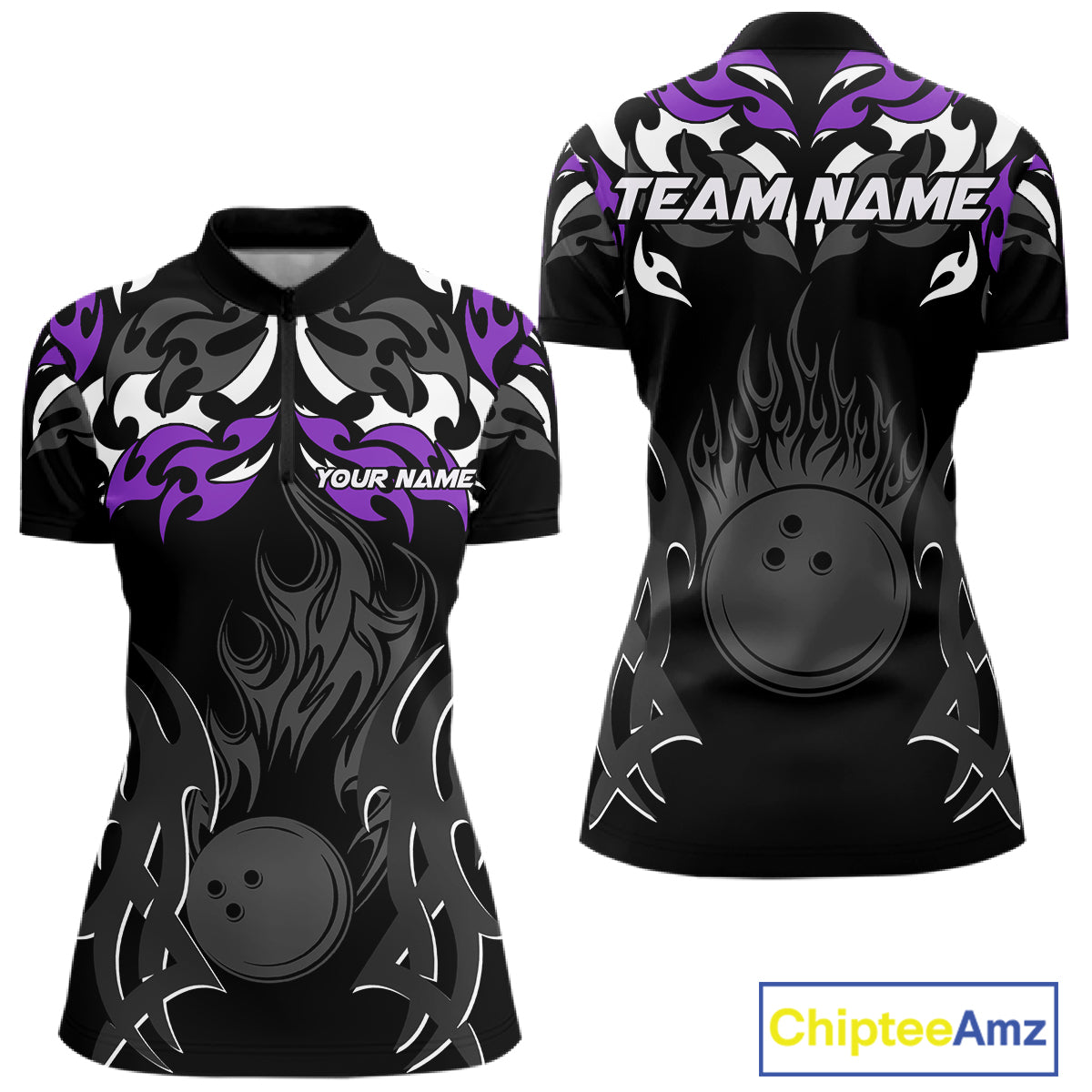Black and Purple Flame Bowling Polo, 1/4 Zip shirt for Women Custom Team bowling jersey bowler gift NQS10535