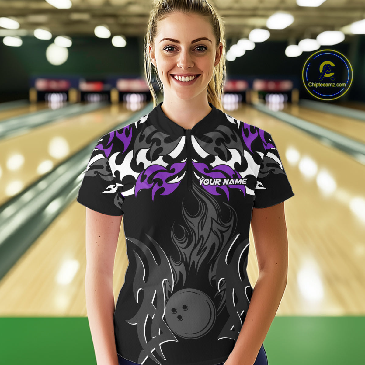 Black and Purple Flame Bowling Polo, 1/4 Zip shirt for Women Custom Team bowling jersey bowler gift NQS10535