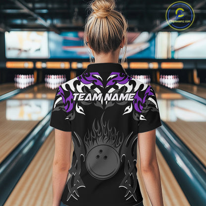 Black and Purple Flame Bowling Polo, 1/4 Zip shirt for Women Custom Team bowling jersey bowler gift NQS10535