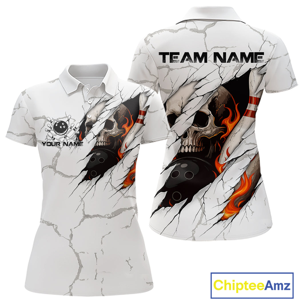 Personalized White Grunge Flame Skull Bowling shirts for Women Custom Team Bowling League Shirts NQS10536