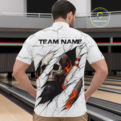 Personalized White Grunge Flame Skull Bowling shirts for men Custom Team Bowling League Shirts NQS10536