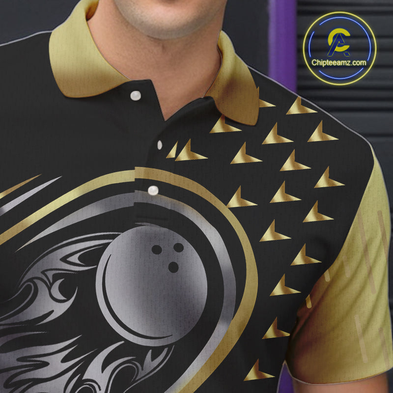 Black and Gold Flame Bowling ball Polo, Quarter Zip Shirts for Men Custom Bowling Team jerseys NQS10029