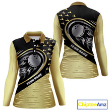 Load image into Gallery viewer, Black and Gold Flame Bowling ball Polo, Quarter Zip Shirts for Women Custom Bowling Team jerseys NQS10029