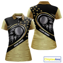 Load image into Gallery viewer, Black and Gold Flame Bowling ball Polo, Quarter Zip Shirts for Women Custom Bowling Team jerseys NQS10029