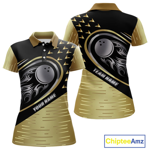Black and Gold Flame Bowling ball Polo, Quarter Zip Shirts for Women Custom Bowling Team jerseys NQS10029