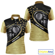 Load image into Gallery viewer, Black and Gold Flame Bowling ball Polo, Quarter Zip Shirts for Men Custom Bowling Team jerseys NQS10029