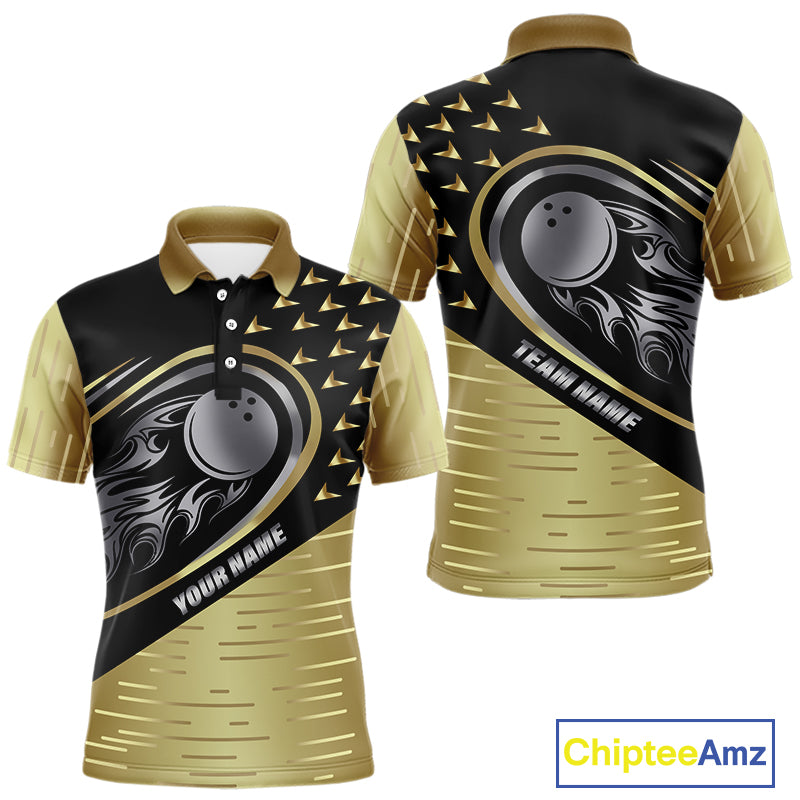 Black and Gold Flame Bowling ball Polo, Quarter Zip Shirts for Men Custom Bowling Team jerseys NQS10029