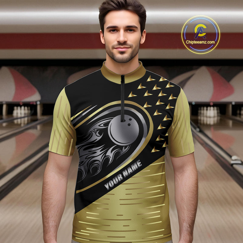 Black and Gold Flame Bowling ball Polo, Quarter Zip Shirts for Men Custom Bowling Team jerseys NQS10029