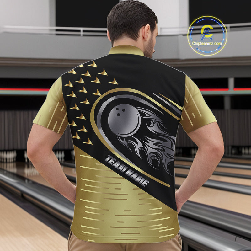 Black and Gold Flame Bowling ball Polo, Quarter Zip Shirts for Men Custom Bowling Team jerseys NQS10029