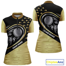 Load image into Gallery viewer, Black and Gold Flame Bowling ball Polo, Quarter Zip Shirts for Women Custom Bowling Team jerseys NQS10029