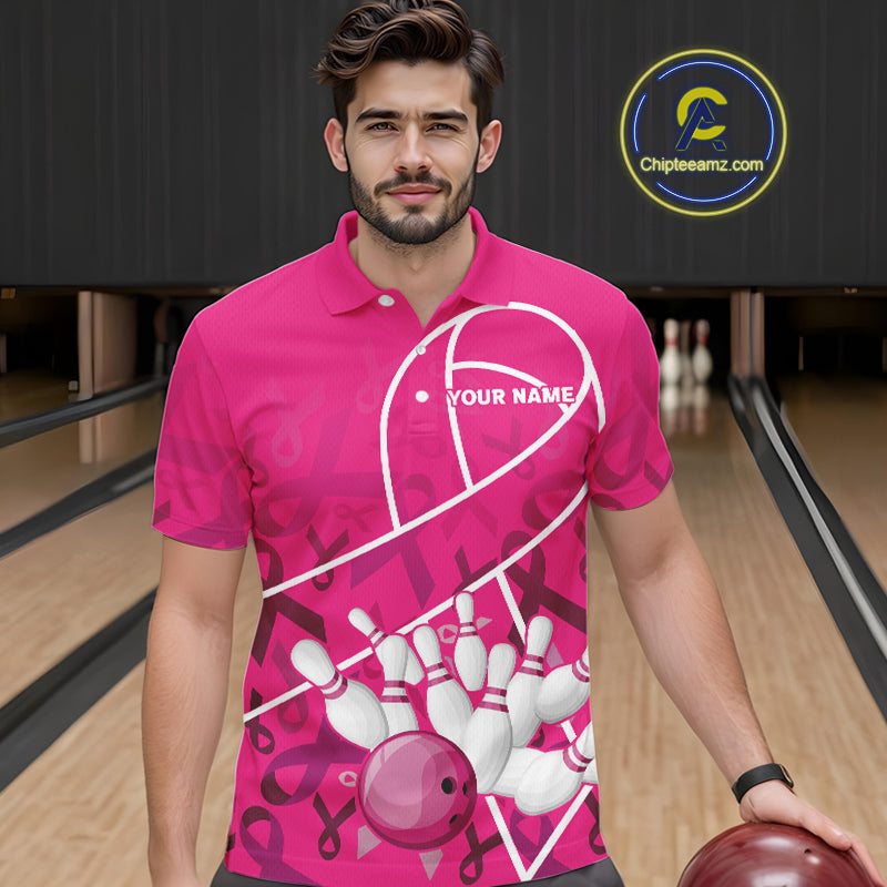Pink ribbon pattern breast cancer awareness Bowling Shirts For Men Custom team bowling jerseys NQS10190