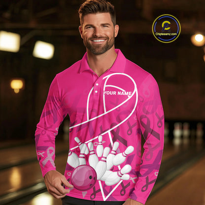 Pink ribbon pattern breast cancer awareness Bowling Shirts For Men Custom team bowling jerseys NQS10190