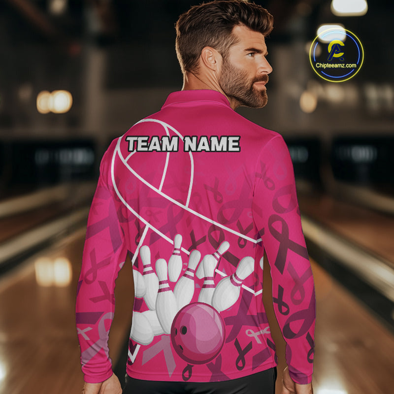 Pink ribbon pattern breast cancer awareness Bowling Shirts For Men Custom team bowling jerseys NQS10190