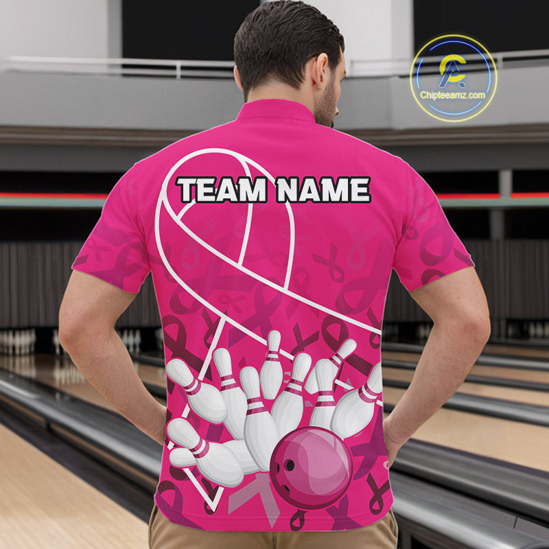 Pink ribbon pattern breast cancer awareness Bowling Shirts For Men Custom team bowling jerseys NQS10190