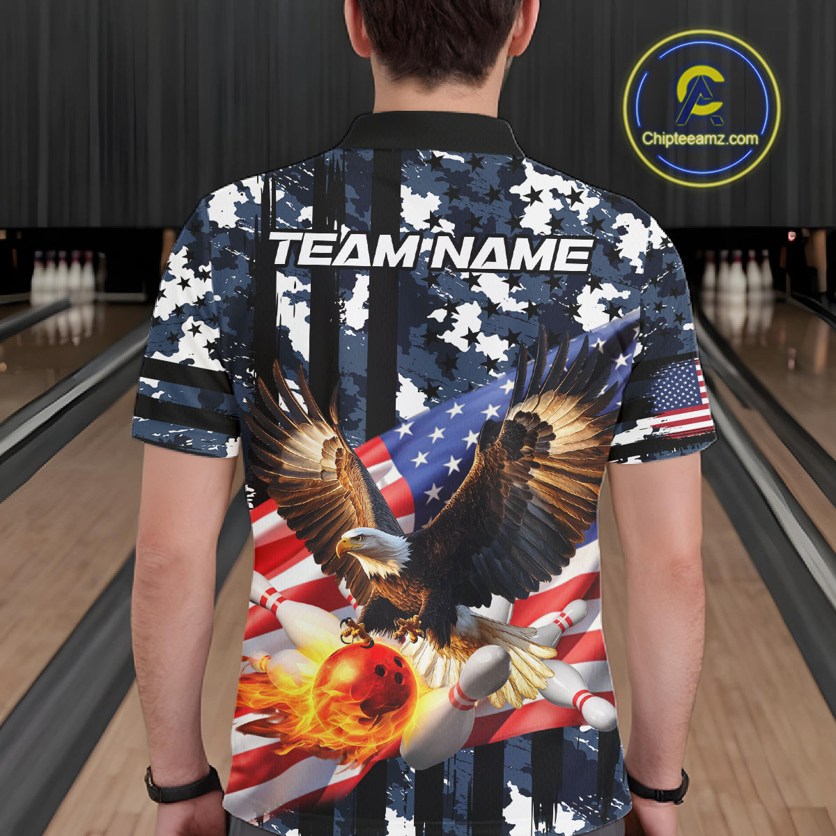 Blue Camo American Flag Eagle Flame Bowling Shirts For Men Custom Patriotic Bowling Team Shirts NQS10551