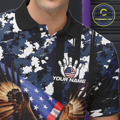 Blue Camo American Flag Eagle Flame Bowling Shirts For Men Custom Patriotic Bowling Team Shirts NQS10551